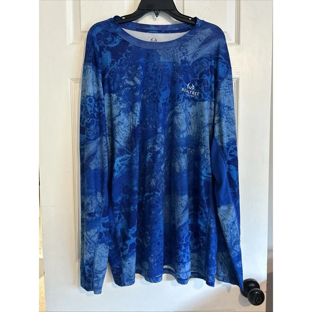 REALTREE FISHING MENS BLUE CAMO ACTIVEWEAR POLY SPANDEX SHIRT SZ 2XL